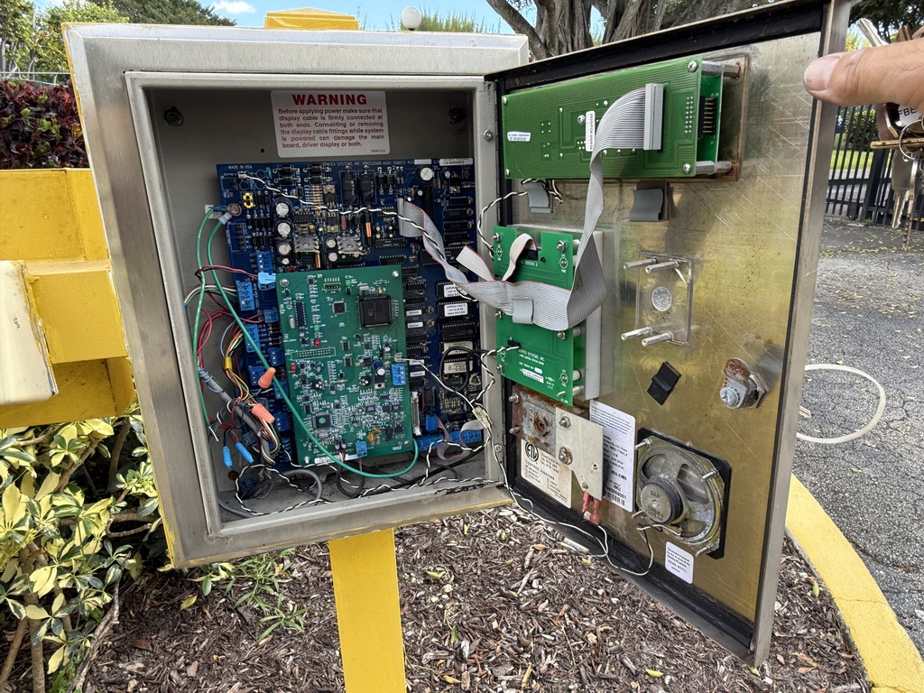 Open access control panel with wiring and circuit boards