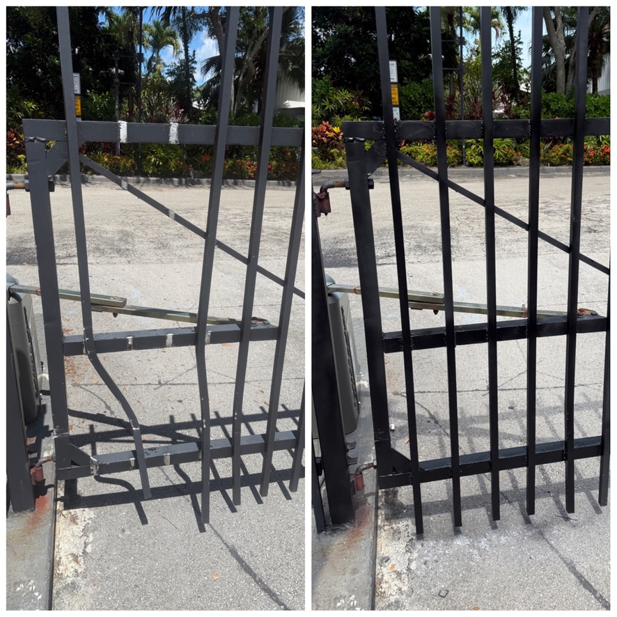 Side-by-side before and after view of a welded aluminum gate repair, with the completed gate refinished in black