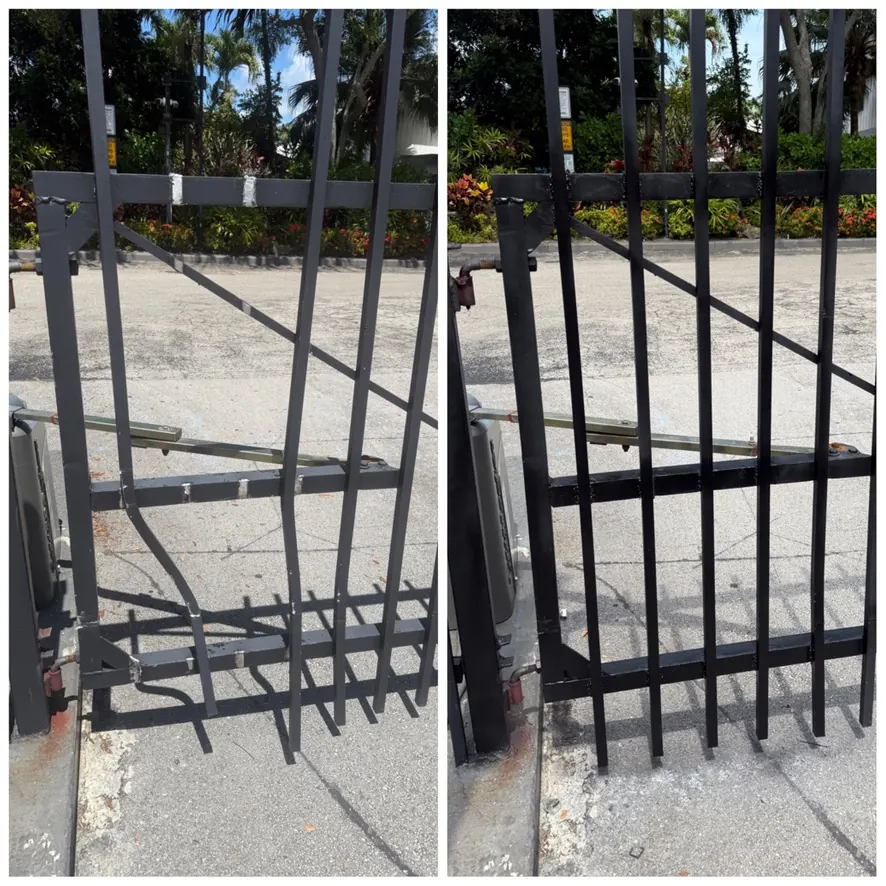 Side-by-side before and after view of a welded aluminum gate repair, with the completed gate refinished in black