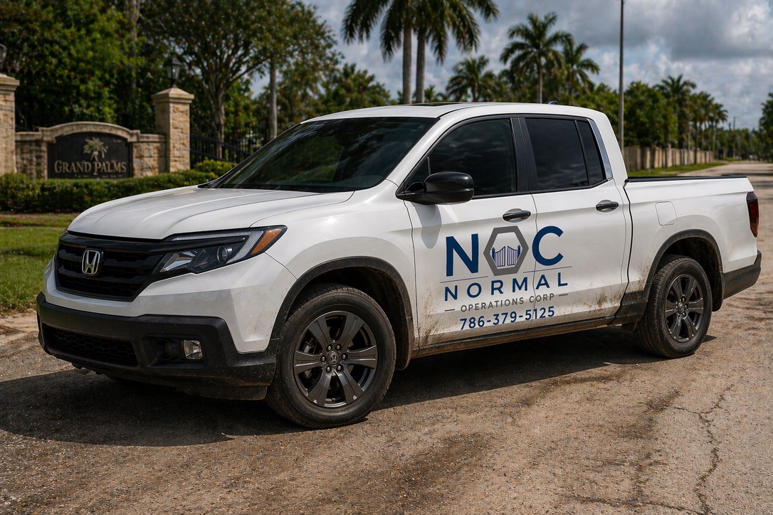Normal Operations Corp service truck at an HOA community entrance